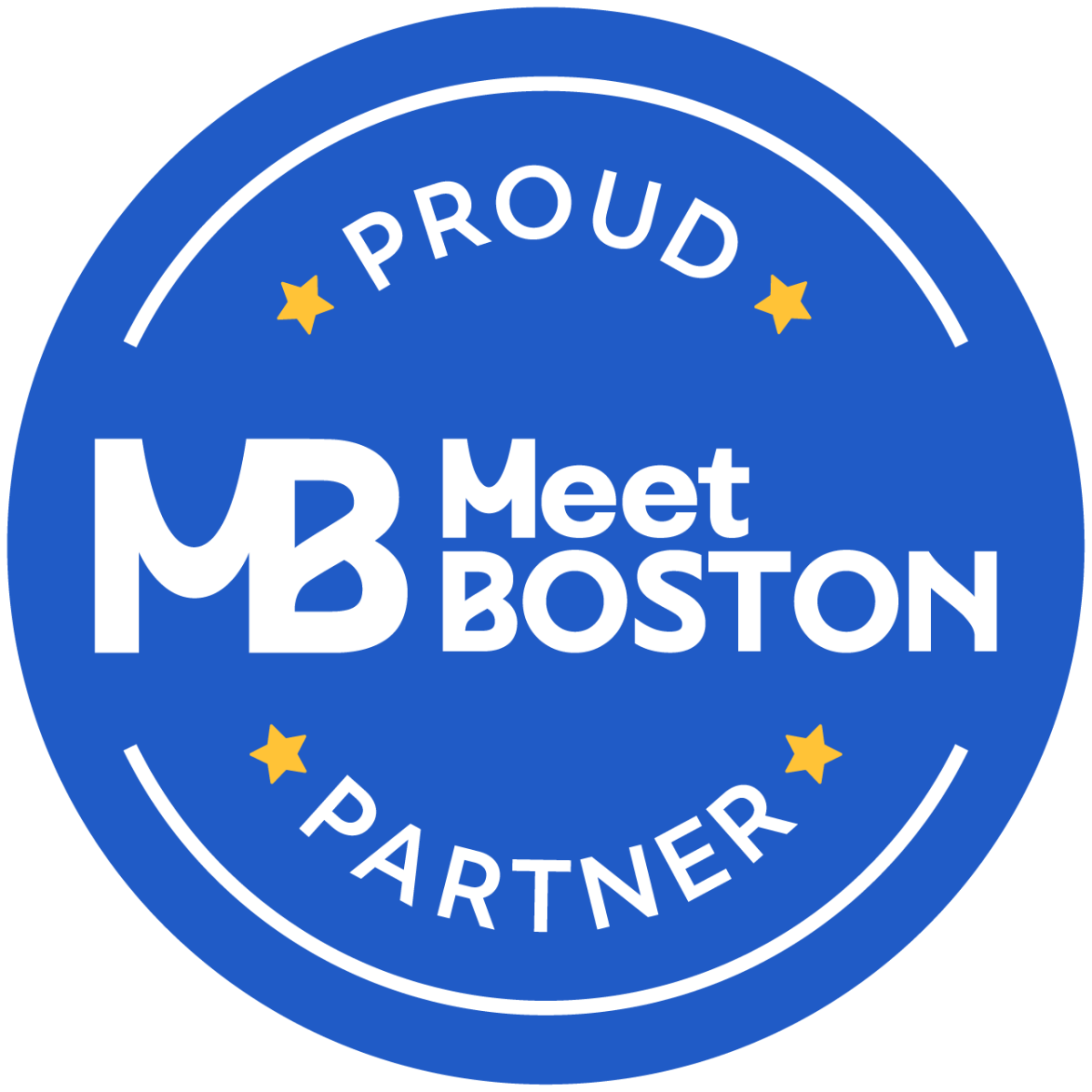 Round blue badge with text 'Proud Partner' and 'Meet Boston' with stars.