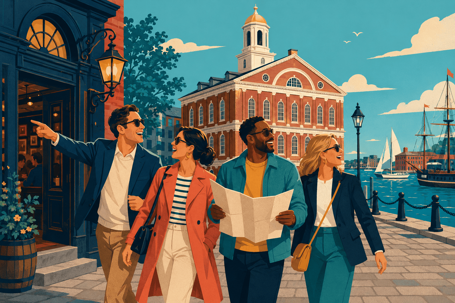 Editorial illustration of a diverse group of adult friends exploring Faneuil Hall and Boston’s waterfront together