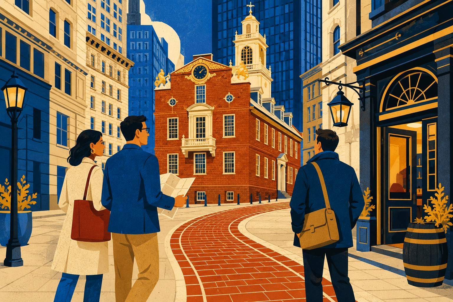 Editorial illustration of adult travelers following Boston’s Freedom Trail toward the Old State House and a historic tavern