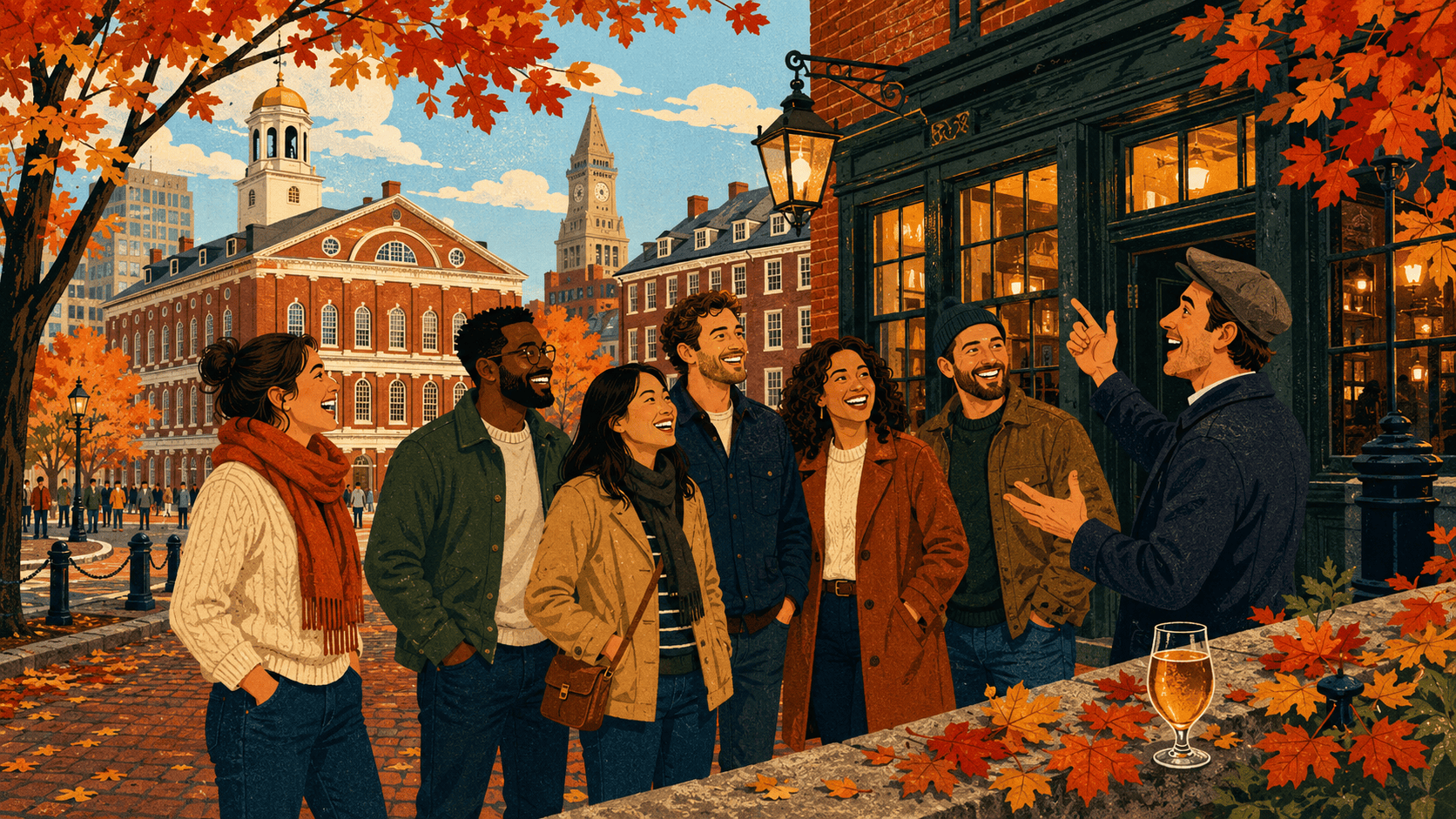 Editorial illustration of six coworkers laughing with a guide outside a historic Boston tavern near Faneuil Hall in fall.
