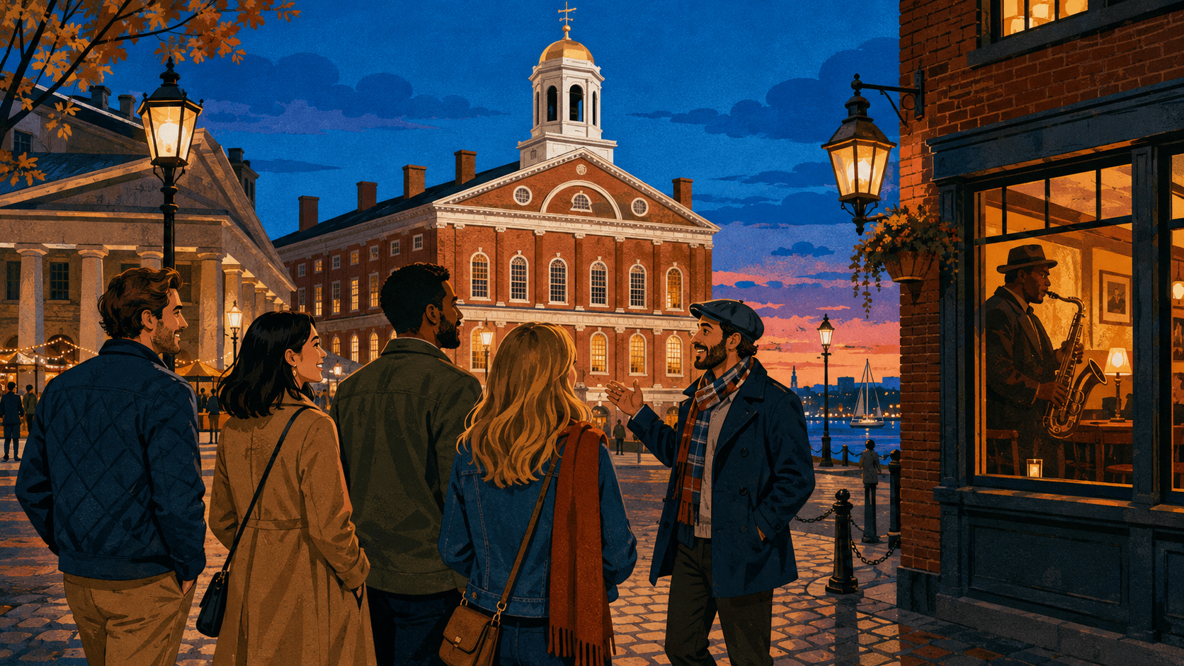 Editorial illustration of four adult travelers and a guide outside Faneuil Hall at dusk, with a jazz musician visible in a tavern window.