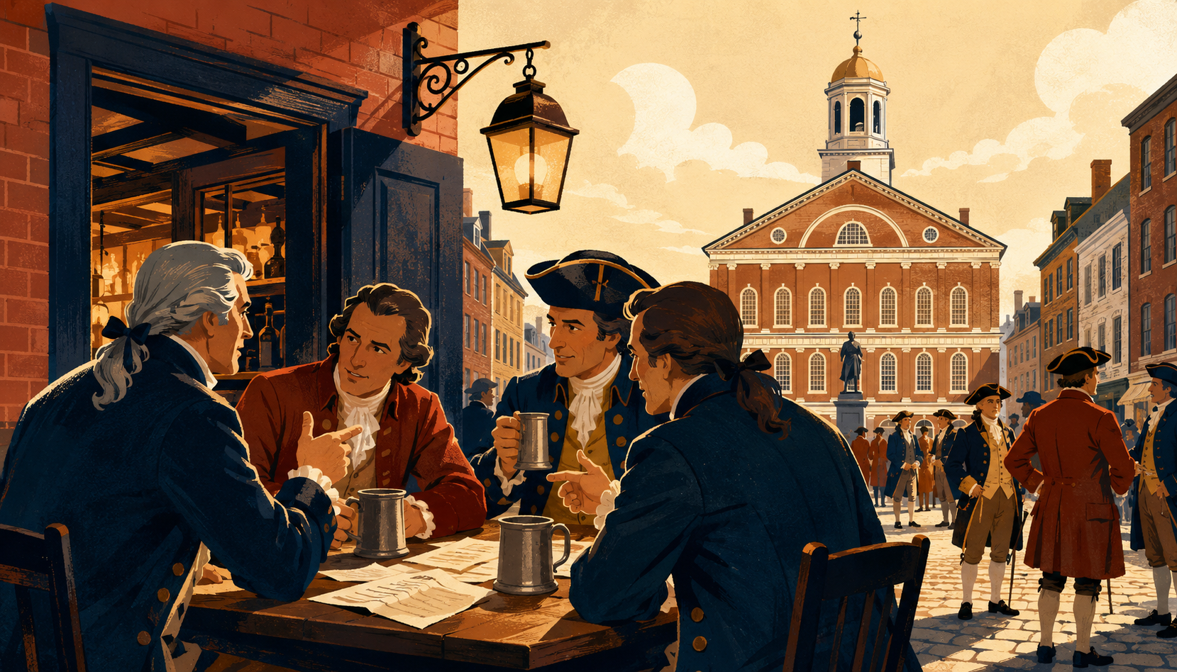 Editorial illustration of colonial Bostonians gathered with pewter mugs and papers outside a tavern facing Faneuil Hall