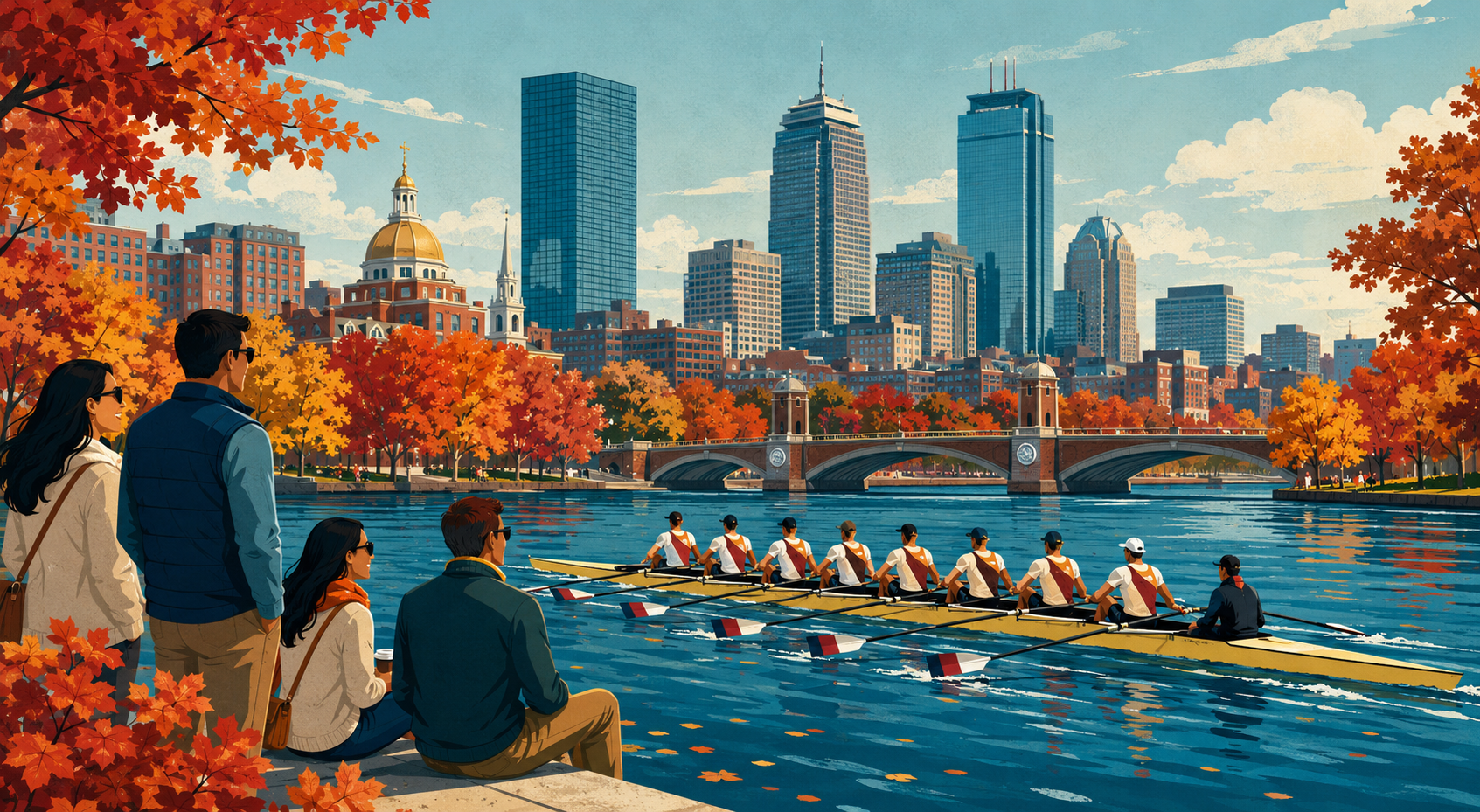 Adult travelers watch rowers race on the Charles River beneath Boston’s skyline and vivid autumn foliage in an editorial illustration