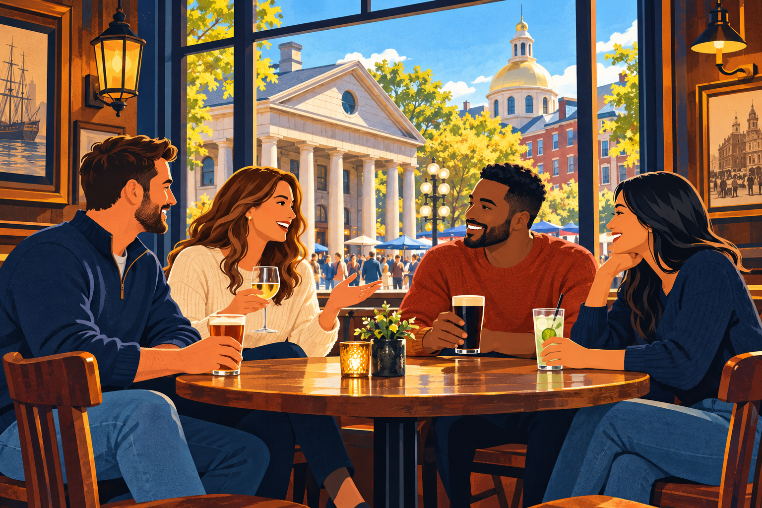 Illustrated casually dressed adult business guests chatting around a tavern table with Quincy Market visible through a window.