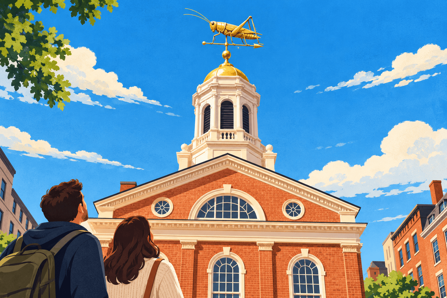 Illustration of Faneuil Hall's white cupola and golden grasshopper weathervane above a red-brick facade.