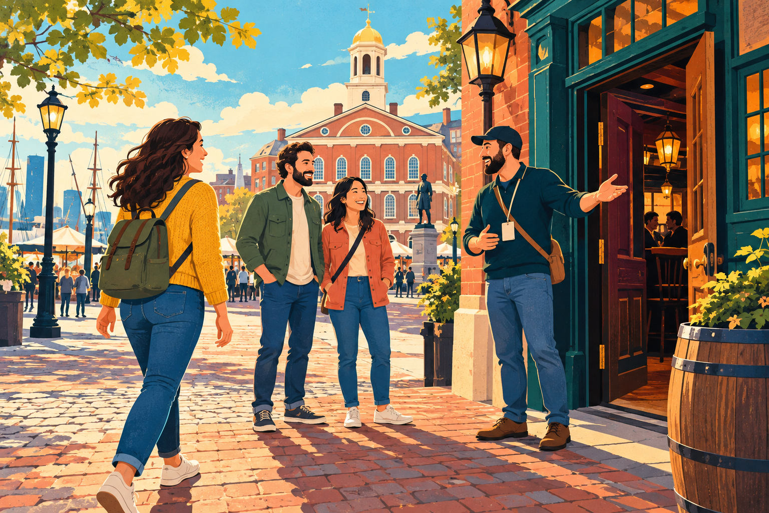 Illustrated solo adult woman approaching a small mixed-gender group outside a Boston tavern near Faneuil Hall.