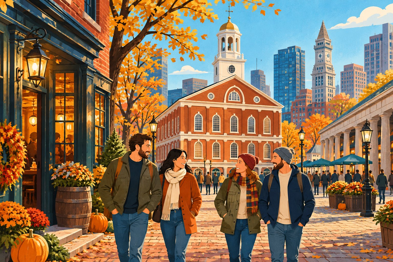 Illustrated adult travelers near Faneuil Hall, an autumn tree and a warmly lit Boston tavern.