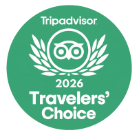Green circle with 'Tripadvisor 2026 Travelers' Choice' and owl logo.